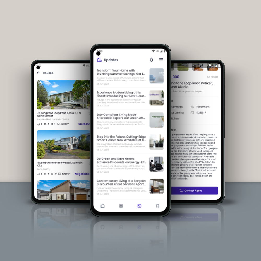 Real Estate Listing App Mobile Screens with Property and Booking Feature